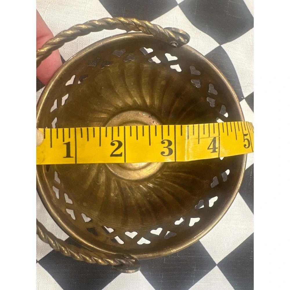 Vintage Brass small Heart Cutout Basket Fluted Bowl Twisted Rope Handle